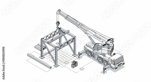 Isometric Mobile Crane Assembling Steel Framework Line Art Illustration for Construction and Engineering Design