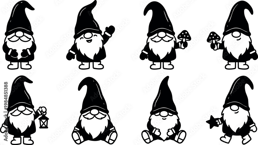 Fototapeta premium Black and white flat design gnomes holding mushroom lantern and star vector art