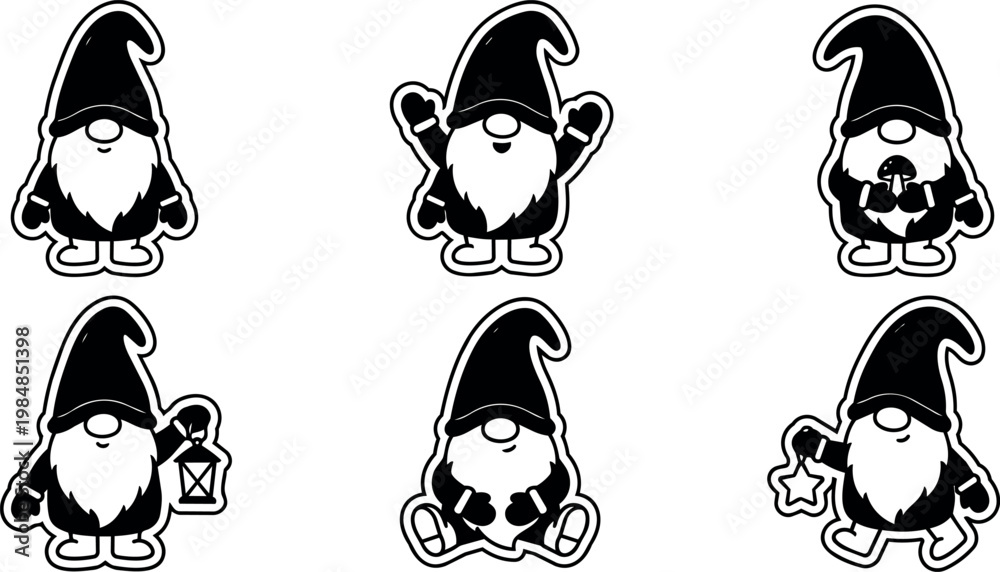 Fototapeta premium Black and white gnome characters with hat beard in varied poses vector art