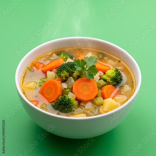 A steaming bowl of hearty vegetable soup with carrots, broccoli, and potatoes