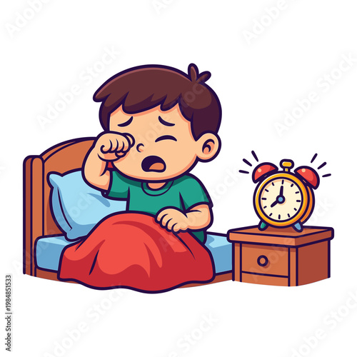 Child waking up in bed with alarm clock kids cartoon illustration