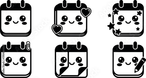 Black and white kawaii calendar icons with hearts stars pencil and paperclip