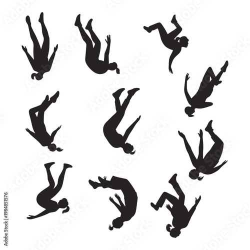 Falling Person Silhouette Set | Woman Falling Poses Vector Gravity Accident Concept