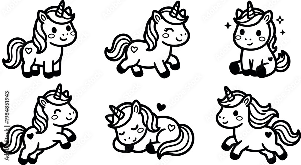 Fototapeta premium Cute black and white unicorn cartoon line art set with hearts