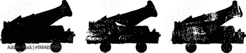 three vintage black cannons in a row, silhouette on white background