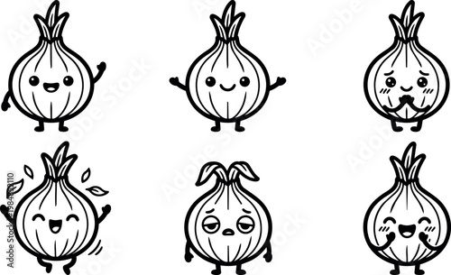 Black and white cute onion characters with various facial expressions vector art