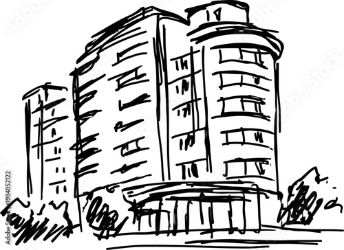 Modern apartment building exterior sketch with balconies and surrounding landscaping