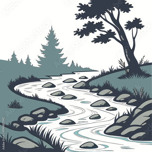 A serene landscape featuring a winding river with rocks and trees on the bank