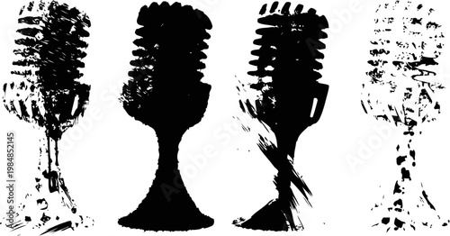 retro vintage microphones silhouettes on white background classic studio radio and recording equipment illustration