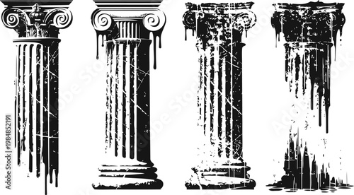 Grunge ancient roman columns set with distressed texture and classical ionic and corinthian styles
