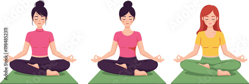 Women practicing yoga meditation vector set with calm poses mindfulness relaxation illustration isolated on white background
