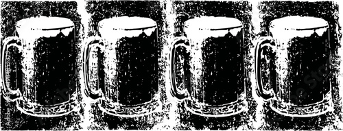 Four frosty beer mugs filled with amber ale on rustic wooden table, cold refreshing drink