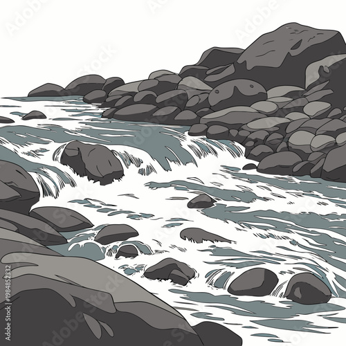 A scenic illustration of a rocky riverbank with flowing water and large stones