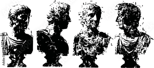 Four antique bust sculptures with classical roman features displayed in black and white silhouette