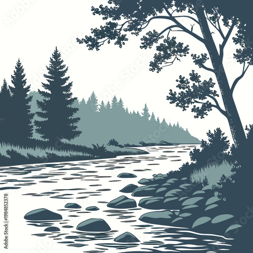 A serene landscape of a river flowing through a forest with trees and rocks