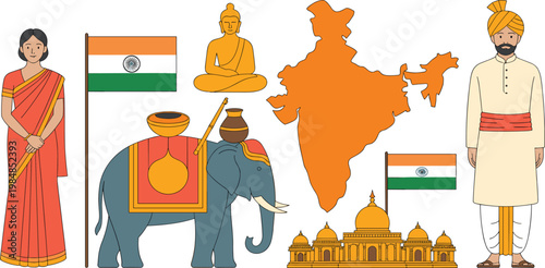 India travel and culture icon set with map flag elephant taj mahal buddha statue and people in traditional 