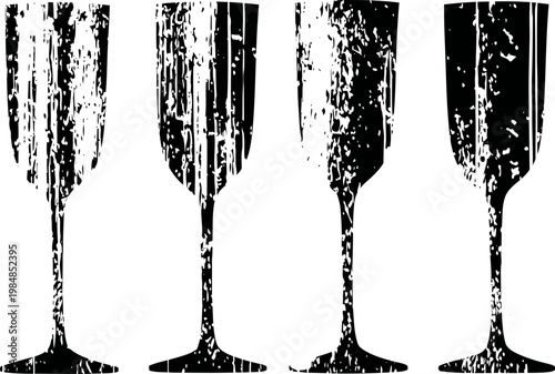 grunge silhouettes of champagne flutes with distressed texture on white background
