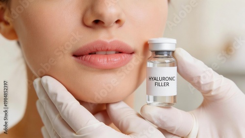 Cosmetologist holding vial of hyaluronic filler near face of woman. Hyaluronic acid injection procedure for lip enhancement and facial skin rejuvenation. Beauty clinical treatment concept.