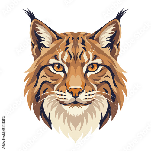 Striking lynx portrait centers fierce amber eyes tufted ears and layered fur in a clean symmetrical wildlife emblem that captures northern strength untamed focus and commanding calm