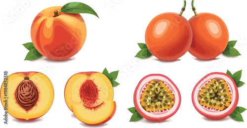 Cartoon Peaches and Passion Fruits with Leaves, Whole and Sliced for Fresh Fruit, Healthy Eating, and Food Design Themes