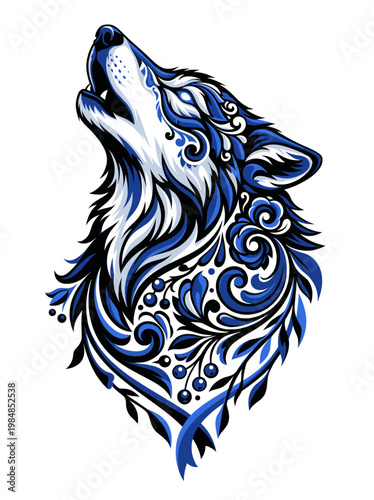 Mystical blue wolf profile lifts in a powerful howl as swirling tribal fur and sapphire highlights create an enchanted wilderness portrait filled by moonlit spirit strength and primal energy