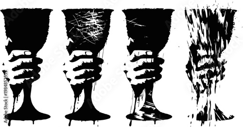 grunge hands holding goblets and one raised empty glass silhouette set