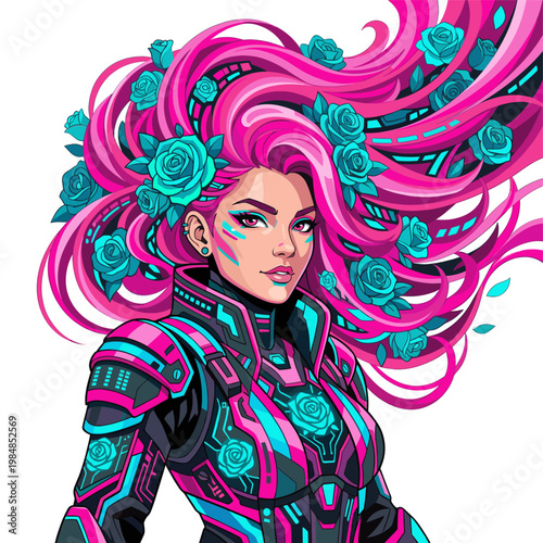 Cybernetic heroine portrait blazes in neon pink and turquoise as flowing magenta hair teal roses and futuristic armor merge into a vivid sci fi beauty scene charged by rebellious glamour