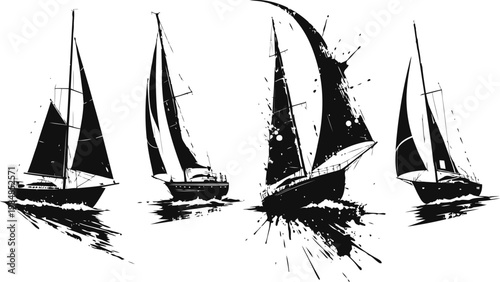 black ink sailboat silhouettes with splashes and abstract brushstroke effects on white background