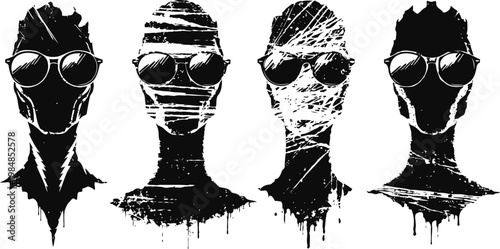 Four dark abstract silhouettes with sunglasses wrapped in cloth and paint splatter effects
