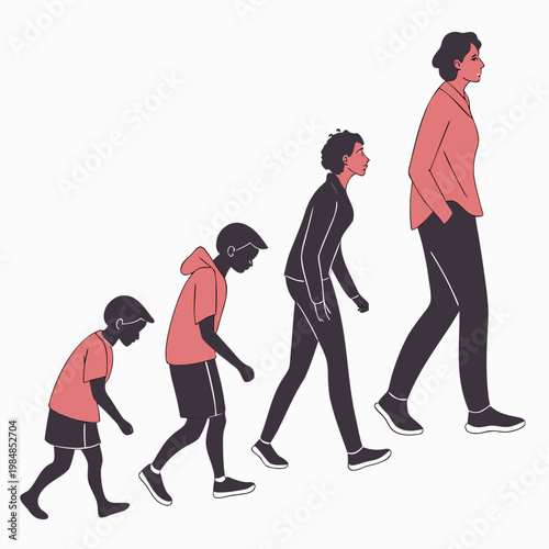 Vector illustration of four people walking in a row showing growth and development from childhood to adulthood