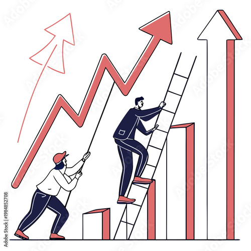 Business growth concept with two men climbing a ladder and pulling a large red arrow upwards