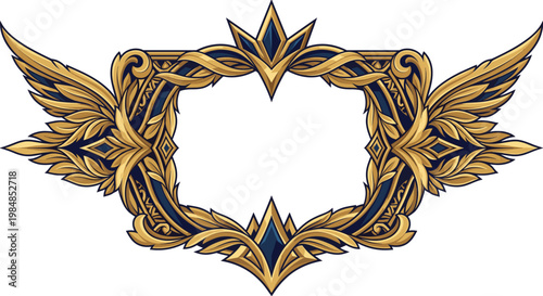 Luxurious gilded winged frame intertwines baroque knots and jeweled motifs as an ornate heraldic border forms a regal centerpiece filled by symmetry fantasy grandeur and timeless opulence