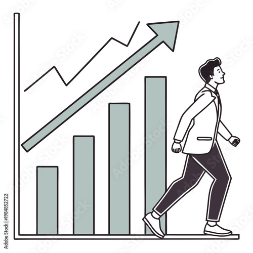 Businessman walking up a bar graph with an upward trend arrow