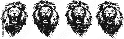 intense roaring lion heads in black and white with textured dynamic mane illustrations