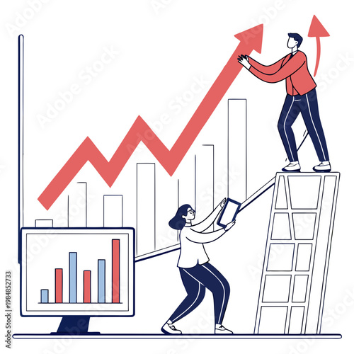 Business growth concept with two people working together to increase graph on screen