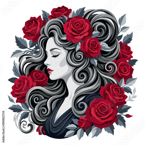 Elegant grayscale woman framed by blooming crimson roses and flowing sculpted curls creates a romantic gothic portrait whose serene profile radiates timeless beauty mystery and passion