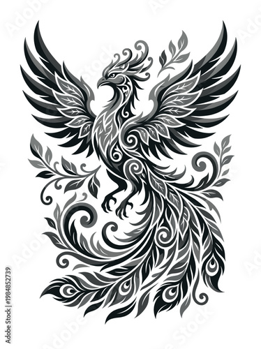 Majestic monochrome phoenix rises in ornate tribal plumage and curling filigree as a mythic bird emblem spreads dramatic wings in a powerful fantasy composition full of rebirth