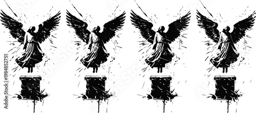 abstract black angel silhouettes in distressed standing on pillars grunge decorative design with wings and flowing robes