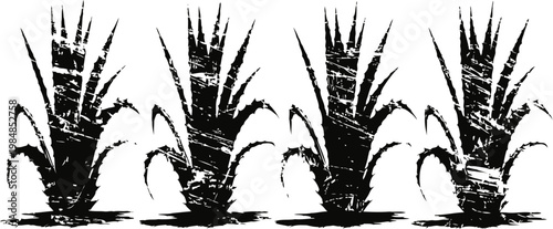 illustration of four tall grass plants with long blades in a row, black and white nature design