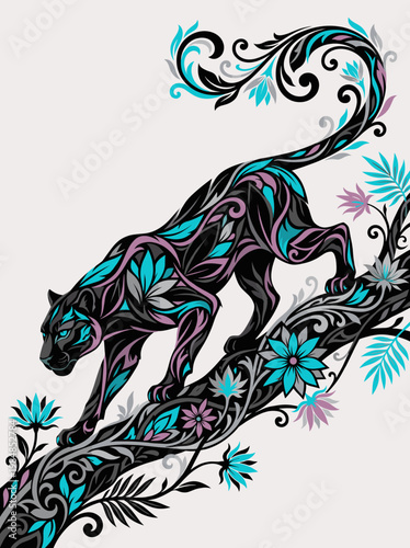 A sleek panther strides along an ornate floral branch as swirling turquoise and violet vines shape a dramatic jungle fantasy where feline power meets botanical elegance and nocturnal mystery