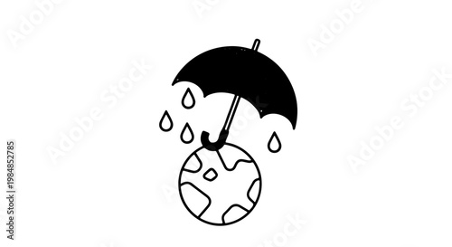 A minimalist vector illustration of a globe protected by a black umbrella from raindrops