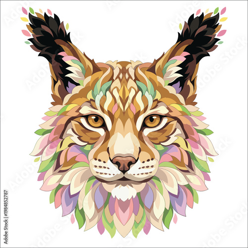 Pastel floral lynx portrait blends soft fur tones leafy petals and amber eyes into a symmetrical wildlife emblem whose calm gaze conveys woodland grace artistic harmony and modern ornamental charm