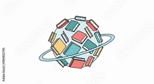 A colorful vector illustration of a globe made up of books in a modern and educational design