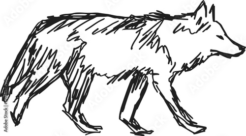 sketch of a walking wolf in black ink outline wild animal silhouette, nature wildlife concept drawing