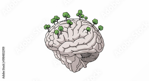 A vector graphic illustration of a human brain with green trees growing out of it, symbolizing growth and mental wellness.