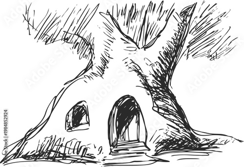 Old tree hollow house sketch hand drawn fantasy dwelling with doors and windows in thick tree trunk