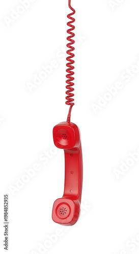 Classic red landline telephone receiver hanging from a long spiral coiled wire