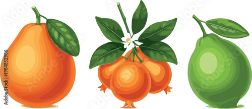Cartoon Pears, Pomegranates, and Lemons with Leaves for Fresh Fruit, Healthy Eating, and Food Design Themes