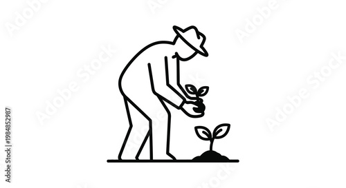 A minimalist depiction of a gardener tending to a young plant rendered as a striking silhouette high quality professional detailed modern
