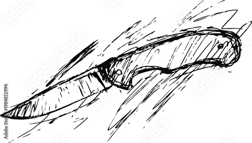 Hand drawn sketch of a folding pocket knife with a curved handle and sharp blade